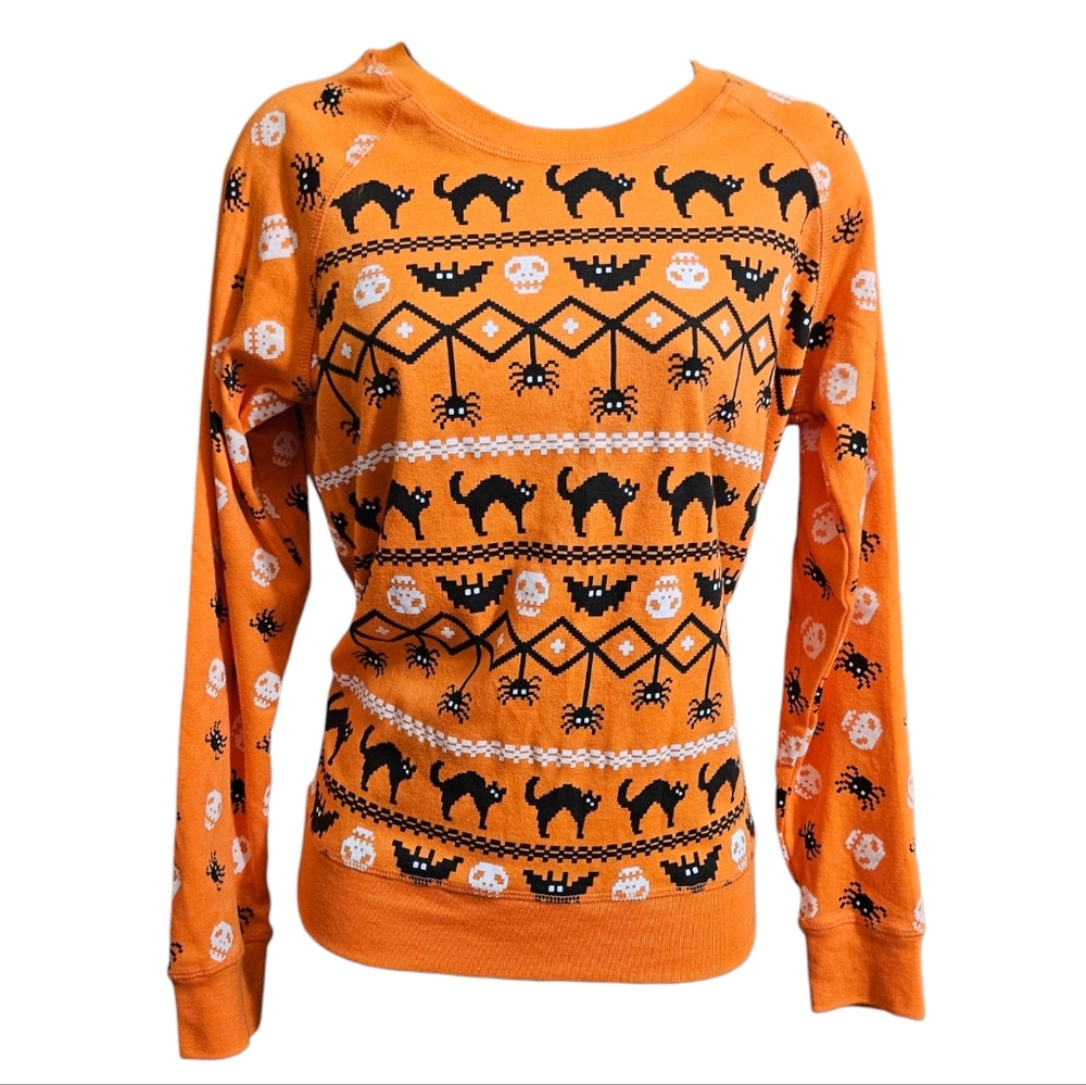 Halloween Cats Spiders Bats & Skulls Orange Crewneck Pullover Sweater